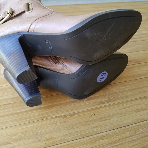 Guess Tan Ruched Leather Stacked Wood Heel Boots boho - Picture 4 of 8